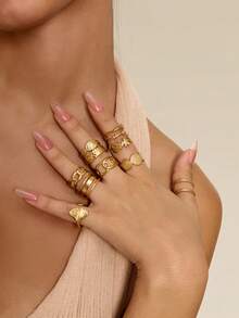 Altistry 10pcs Set Stainless Steel 18K Plating Exaggerated Hip-Hop Fashion Round Adjustable Rings - Gold - View 3