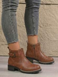 Low Heel Chelsea Ankle Boots For Women Side Zip Short Booties - Rust Brown - View 4
