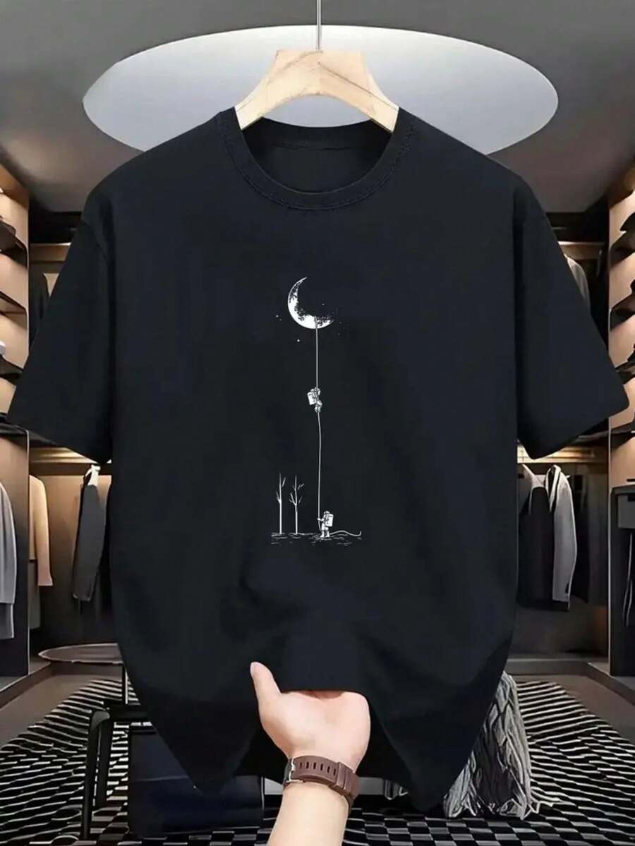 Men's Casual T-Shirt In Pure Cotton, With A Round Neck And Moon And Figure Print - Loose Fit, Breathable Summer Top, Suitable For Casual Wear. | Moon Print T-Shirt | Opaque Fabric - 黑色 - 查看 1