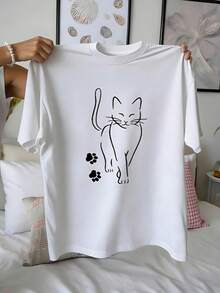 Casual Women s Knitted Fabric Short Sleeve Round Neck Regular Length T-Shirt with Butterfly Print - Blanco - Ver 2