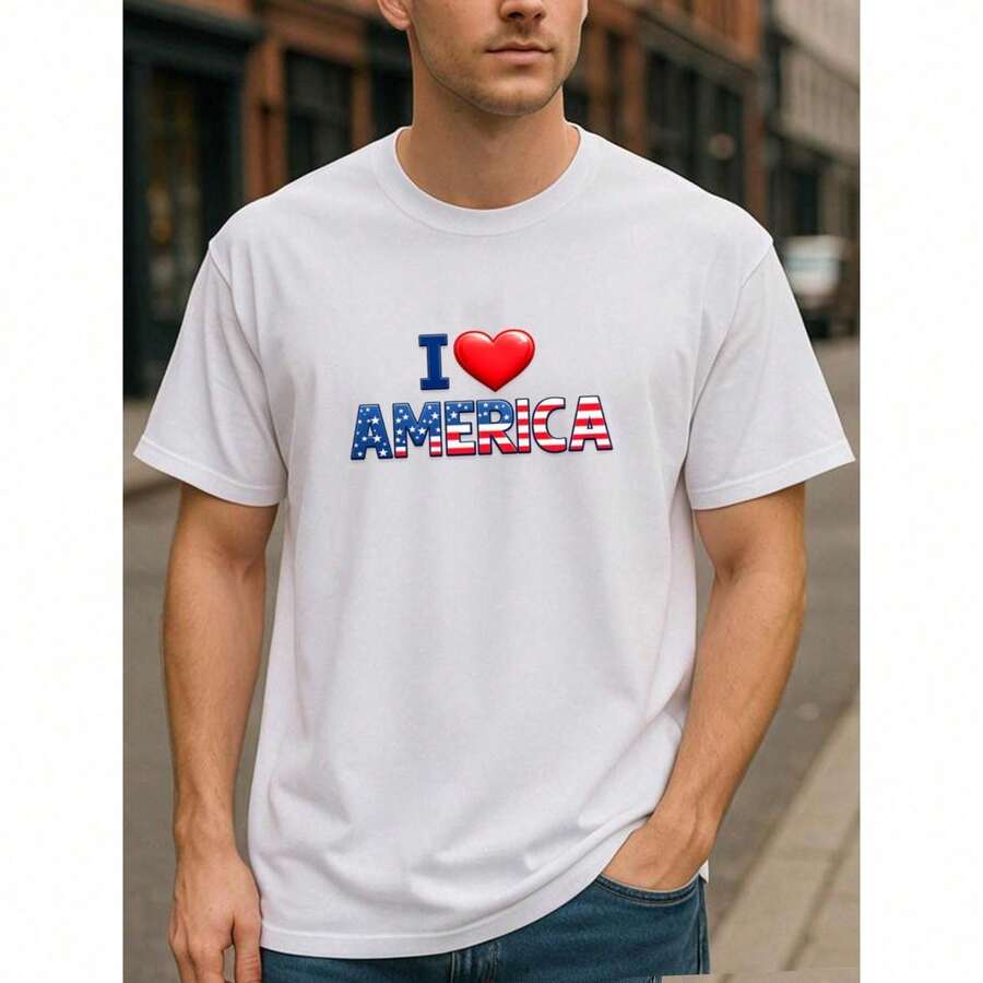 Wear Your Pride On Your Body. Stars And Stripes Wrapped Around 'AMERICA', Patriotic Sentiments, National Pride, Classic American Symbols. Men's Printed Short-Sleeve T-Shirt, High-Quality Custom One-Piece Tee, Re Fit EQWL 5NAD - 白色 - 查看 1