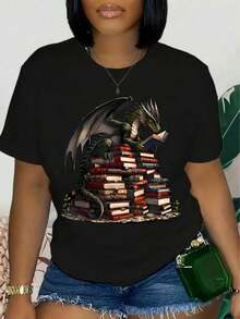 Women's Short-Sleeved Crew Neck T-Shirts, Spring And Summer Casual Wear, Graphic Print T-Shirts, Women's Tees - 黑色 - 查看 6