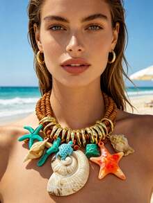Dây chuyền nữ phong cách Boho lấy cảm hứng từ đại dương, vòng cổ nhiều lớp bằng gỗ đính hạt với mặt dây chuyền hình vỏ sò, sao biển và rùa, trang sức mùa hè đi biển. - Nhiều màu - Xem 4