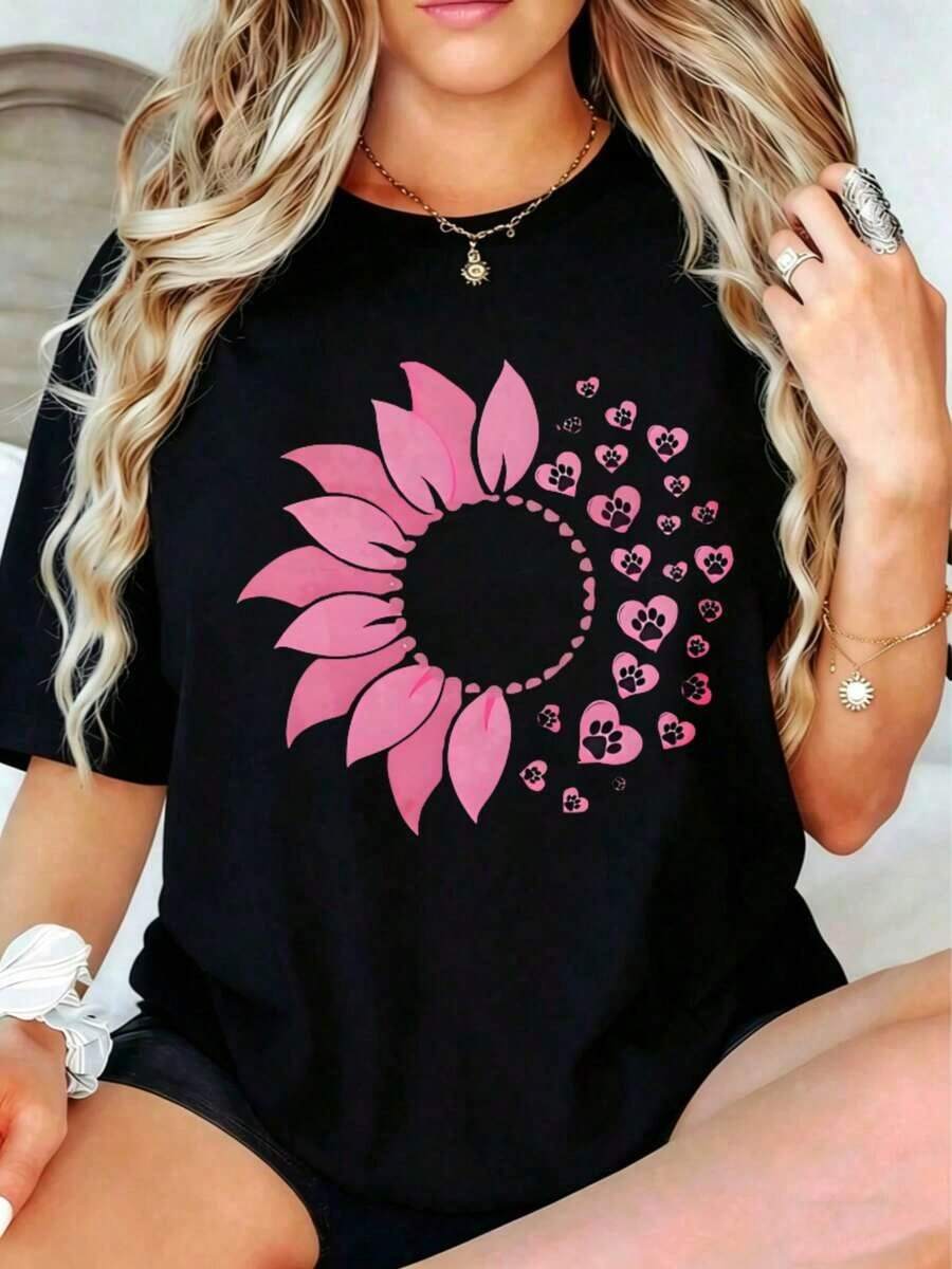 Camiseta de Estilo Casual para Mujer con Diseño de Girasol Rosa y Huella de Pata, Ropa de Verano para Amantes de Mascotas, Regalo Ideal - Negro - Ver 1