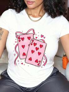 Limited Time Offer, Limited Quantity Available, Lightning, Women's Shirts, Women's T-Shirts. Fun Short-Sleeved T-Shirt With A Round Neck And A Print Of The Six And Seven Of Hearts From A Deck Of Cards. Casual And Versatile, It's A Great Gift Choice For A Romantic Date. - 白色 - 查看 10