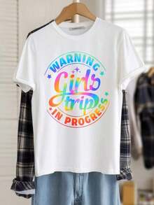 Women's Oversized Crew Neck Graphic Tees, 100% Cotton T-Shirt, Casual 'Warning Girls Trip In Progress' Print Tees, Loose Fit Short Sleeve Tops For Spring, Fashionable Summer Basic Tees, Gift Clothing For Women, Women's T-Shirts - 白色 - 查看 2