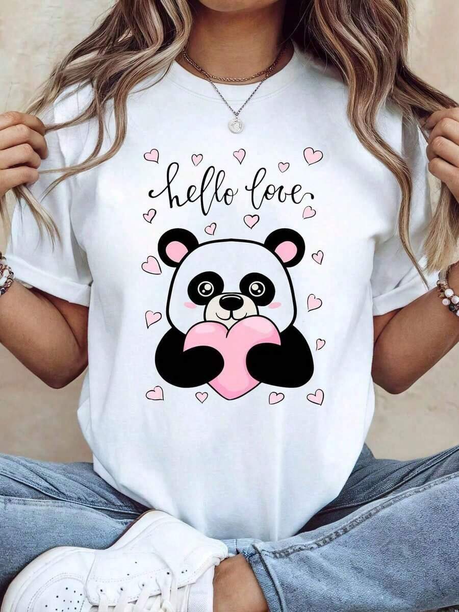 Women's T-Shirt With Panda Print And Love Quote - Soft Casual Short Sleeve Blouse With Panda Face And Text, Spring Summer Blouse For Valentine's Day Outfits, Machine Washable, Cute For Everyday Wear - 白色 - 查看 1