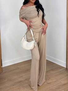 New Women's Summer Outfit, Minimalist And Elegant Style, Short Sleeves, Long Pants, Flattering Design, Cool, Versatile, Perfect For Office, Daytime Looks, Walks And Everyday Wear - 駝色 - 查看 1