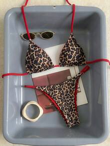 女款性感時尚彩色條紋兩件式泳衣，露背綁帶比基尼套裝，適合夏季度假海灘度假村郵輪穿搭 - 紅色 - 查看 3