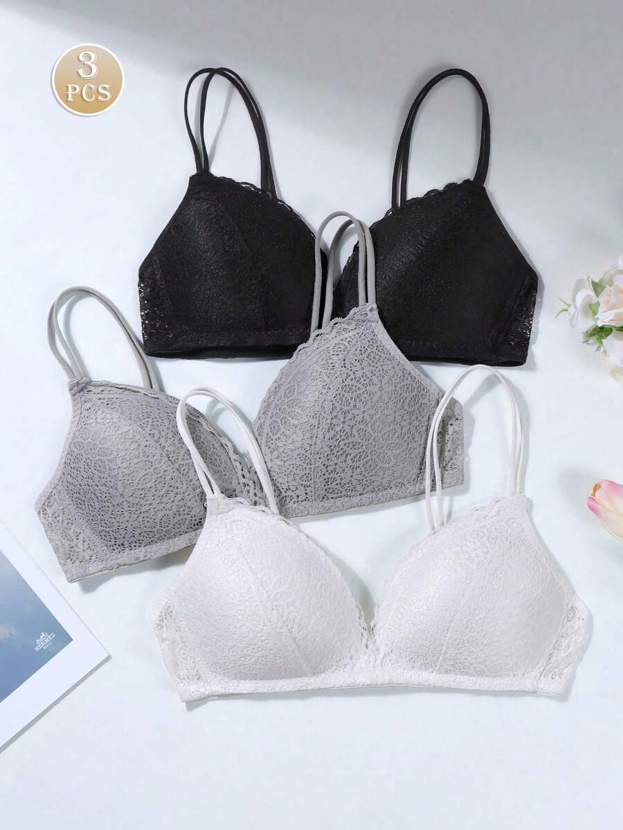 3pcs/Set Women's Wireless Lace Bralette With Removable Straps, Small Bust Triangle Cup Bra - Multicolor - View 1