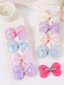 8pcs Random Candy Color Iridescent Sequin Bow Hair Clips, 3D Padded Lace Edge Side Bangs Clips, Cute Girls Daily & Party Hair Accessories - Multicolor - View 6
