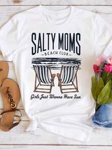 Camiseta Estampada para Mujer Salty Moms Beach Club - Camiseta Casual de Manga Corta y Cuello Redondo, con Corte Relajado para Todas las Estaciones. Perfecta para Uso Diario y Atuendos de Vacaciones (Lavable aáquina). - Blanco - Ver 7