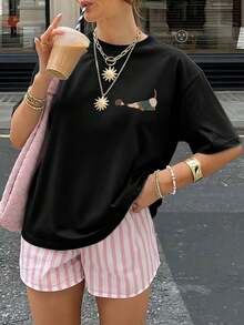 Fashionable Women's Double-Sided Print T-Shirt, Summer Clothes For Women, Cute Style, Sweater Print With Puppy And Hedgehog Design, Round Neck, Short Sleeve, Dropped Shoulders, Loose Fit T-Shirt, Winter Clothes For Women. - 黑色 - 查看 3