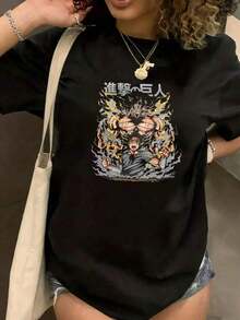 Cuello Redondo con Estampado Divertido ﻿ Camiseta de anime con diseño de titanes y guerreros para fans de la serie, unisex, adecuada como regalo para las fiestas. playera de mujer. blusas>elegantes. boho chic,Top de mujer suave, transpirable y cómodo, ideal para primavera, verano y otoño, perfecto para vacaciones, viajes y uso diario. - Negro - Ver 5
