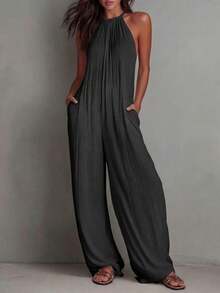 White Wide-Leg Jumpsuit With Pleats And Open Back, Perfect For A Holiday Look. - 黑色 - 查看 4