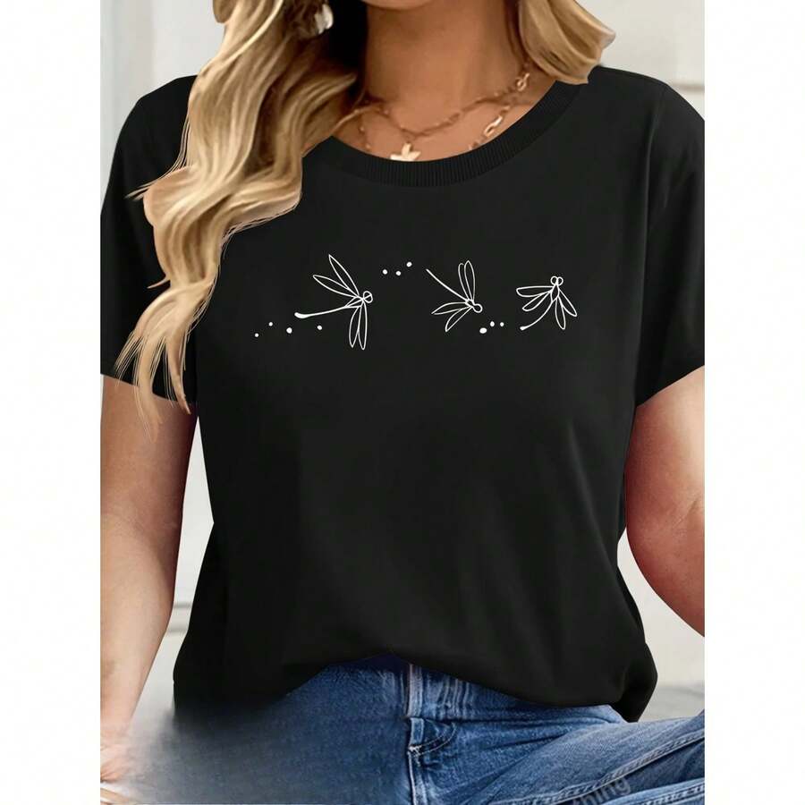 Women's Casual Short-Sleeve T-Shirt With Animal Print, Butterfly And Dragonfly, Round Neck, Casual Summer Fit, Women's T-Shirts, Soft Fabric - 黑色 - 查看 1