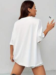 Simple And Versatile Design, Modern Loose-Fitting Round Neck Summer T-Shirt, Versatile, Comfortable And Casual For Women, Youthful Style Ene_1066. Casual Short-Sleeved Round Neck T-Shirt, Machine Washable, Comfortable Fit, Suitable For All Seasons, Cotton T-Shirt With Unique Flat Print. - 白色 - 查看 2