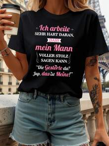 Camiseta de mujer con estampado de humor de esposa alemana, de manga corta y cuello redondo, casual para primavera-verano, ocio diario, regalo de festividades - Negro - Ver 1