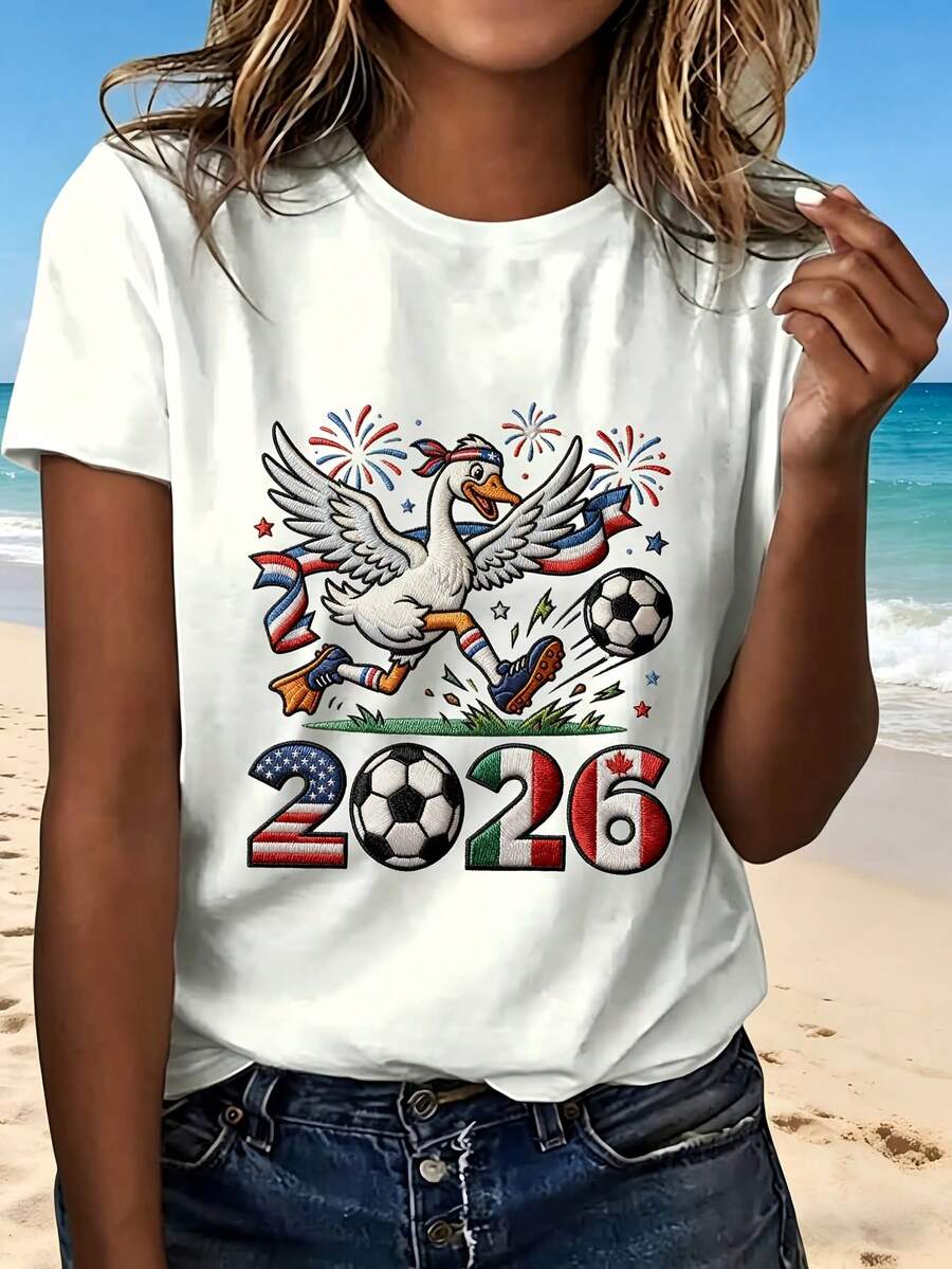 2026 World Cup Duck Soccer T-Shirt With American Flag Mexico And Canada Colors Cartoon Duck Playing Football Fun Design For Beach Party Outdoor Activities Perfect Gift For Sports Fans Fashionable Casual Wear Cute Animal Print Style - 白色 - 查看 1