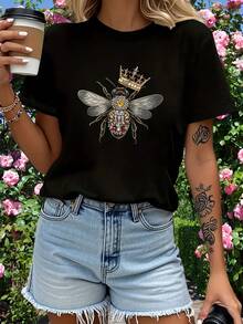 Limited Time Offer, Limited Quantities, Flash ! Women's Casual Shirts, Women's Polyester T-Shirts, Elegant Shirts. Elegant Women's T-Shirts: Comfortable And Skin-Friendly. Crown And Insect Print. - 黑色 - 查看 1