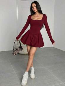 Vestido mini de unicolor con cuello cuadrado y mangas abombadas elegante para mujer, otoño - Burdeos - Ver 5