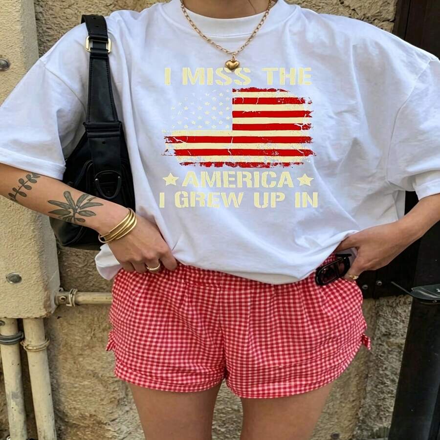 Heartfelt Daily Casual Graphic T-Shirt 100% Cotton Oversized Soft Breathable Casual Crewneck Short Sleeve Top Vintage Aesthetic Red Checkered Shorts Street Style Fashion Lovers Casual Wearers Daily Outfit Enthusiasts Gift Givers - 白色 - 查看 1