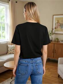 Camiseta de mujer con estampado de corazones para el Día de San Valentín, top casual negro de manga corta, diseño de corazón con estampado de leopardo, lavable, camiseta de cuello redondo para primavera/otoño, camiseta casual con estampado vibrante - Camiseta unisex de algodón holgada de manga corta y cuello redondo estilo vintage urbano. - Negro - Ver 2