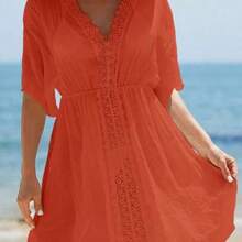 Women's V-Neck Lace Splice Solid Color Beach Cover-Up Dress Summer - Naranja - Ver 1