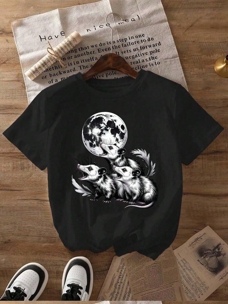 Casual Short Sleeve T-Shirt With Round Neck And Gothic Raccoon And Moon Print, Women's Summer Top, Breathable And Comfortable - Black - View 1