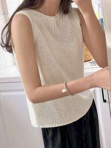 Top De Tejido De Punto Sólido Con Cuello Redondo - Beis - Ver 7