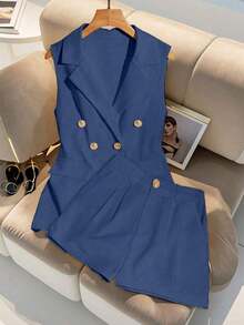 Conjunto de 2 piezas: Elegante chaleco sin mangas y pantalones cortos - Agua verde azul - Ver 1