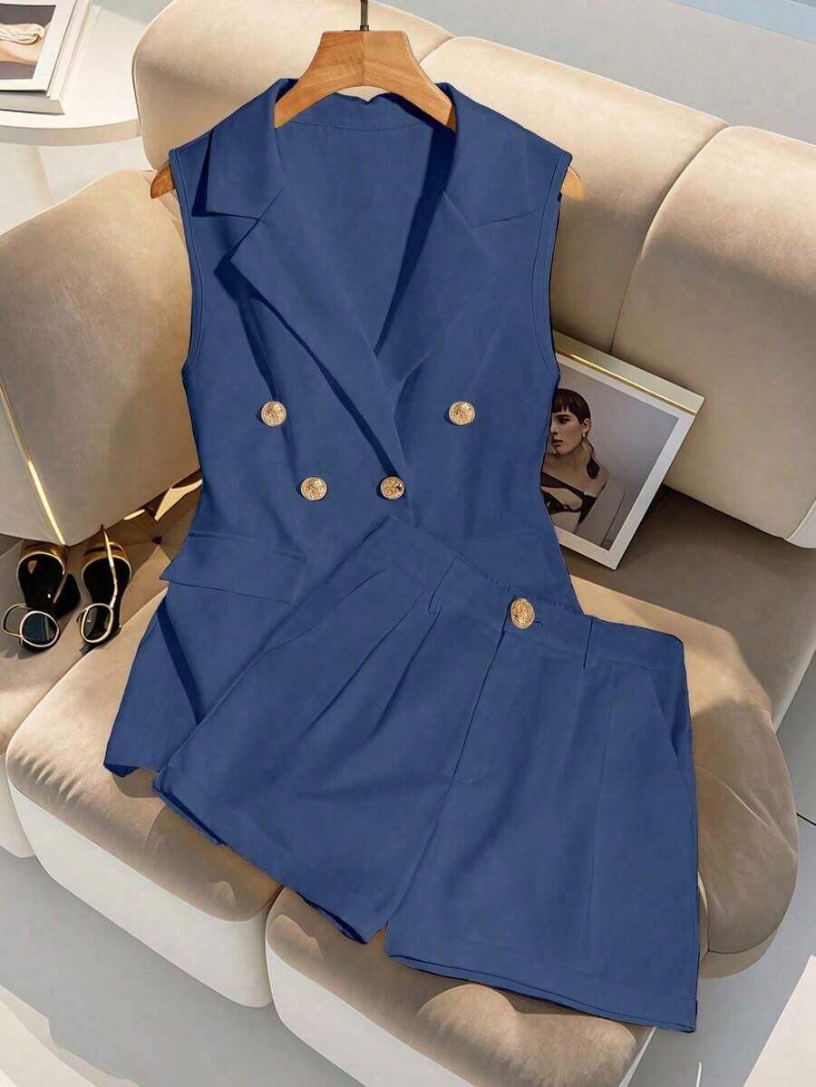 Conjunto de 2 piezas: Elegante chaleco sin mangas y pantalones cortos - Agua verde azul - Ver 1