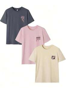 3 piezas Camisetas de manga corta con estampado floral de Sakura de Tokio.Nuevas blusas casuales holgadas y versátiles de cuello redondo con diseño minimalista y lindo para mujer, adecuadas para uso diario y vacaciones.Apropiadas para el Día de San Valentín, el regreso a clases, el Día del Maestro y otras festividades.Verano - Multicolor - Ver 6
