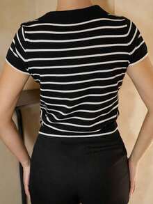 de manga corta con cuello y rayas para mujer - Blanco y Negro - Ver 9