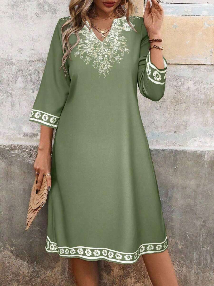 Vestido maxi casual y sencillo con estampado floral en el cuello, puños y dobladillo para mujer - Verde Oliva - Ver 1