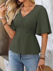 LUNE Blusa de encaje y parches para la cintura, ideal para vacaciones - Verde militar - Ver 5