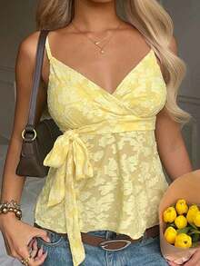 Camiseta sin mangas con corte en la cintura y lazo delantero, de estilo casual para mujer, en color amarillo - Amarillo - Ver 5