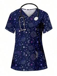 Top de pijama de enfermera con estampado de perros afgano, caniche, doberman, dálmata, escote en V, manga corta con bolsillos y aberturas laterales, camisa de uniforme de moda para mujeres, ropa para amantes de las mascotas - Azul marino - Ver 1