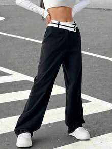 Pantalones rectos casuales para mujeres con bolsillos y cintura asimétrica en bloque de color - Blanco y Negro - Ver 6