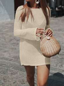 Vestido corto tipo capa de unicolor, informal, fresco, para vacaciones y playa, con adorno de encaje, de manga larga para mujer, para primavera/verano - Albaricoque - Ver 4