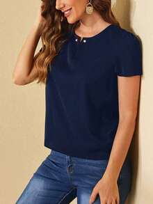 Clasi Blusa De Manga Abullonada Para Mujer Decorada Con Perlas - Azul marino - Ver 3