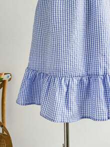 Vestido campesino de cuadros con cuello de corazón fruncido y dobladillo con volantes - Azul y blanco - Ver 4
