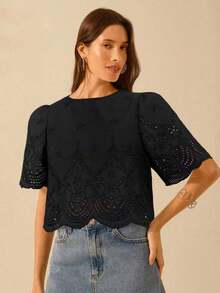 Blusa corta de mujer con hombros fruncidos, de encaje calado y lavable, para vacaciones - Negro - Ver 6