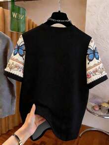 Camiseta de mujer de manga corta con cuello redondo, estampado de rayas arcoíris, estilo casual de vacaciones de verano - Multicolor 5 - Ver 2