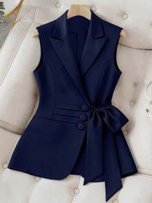 Chaleco sin mangas elegante con botones delanteros y lazo en talla grande de unicolor - Azul marino - Ver 1