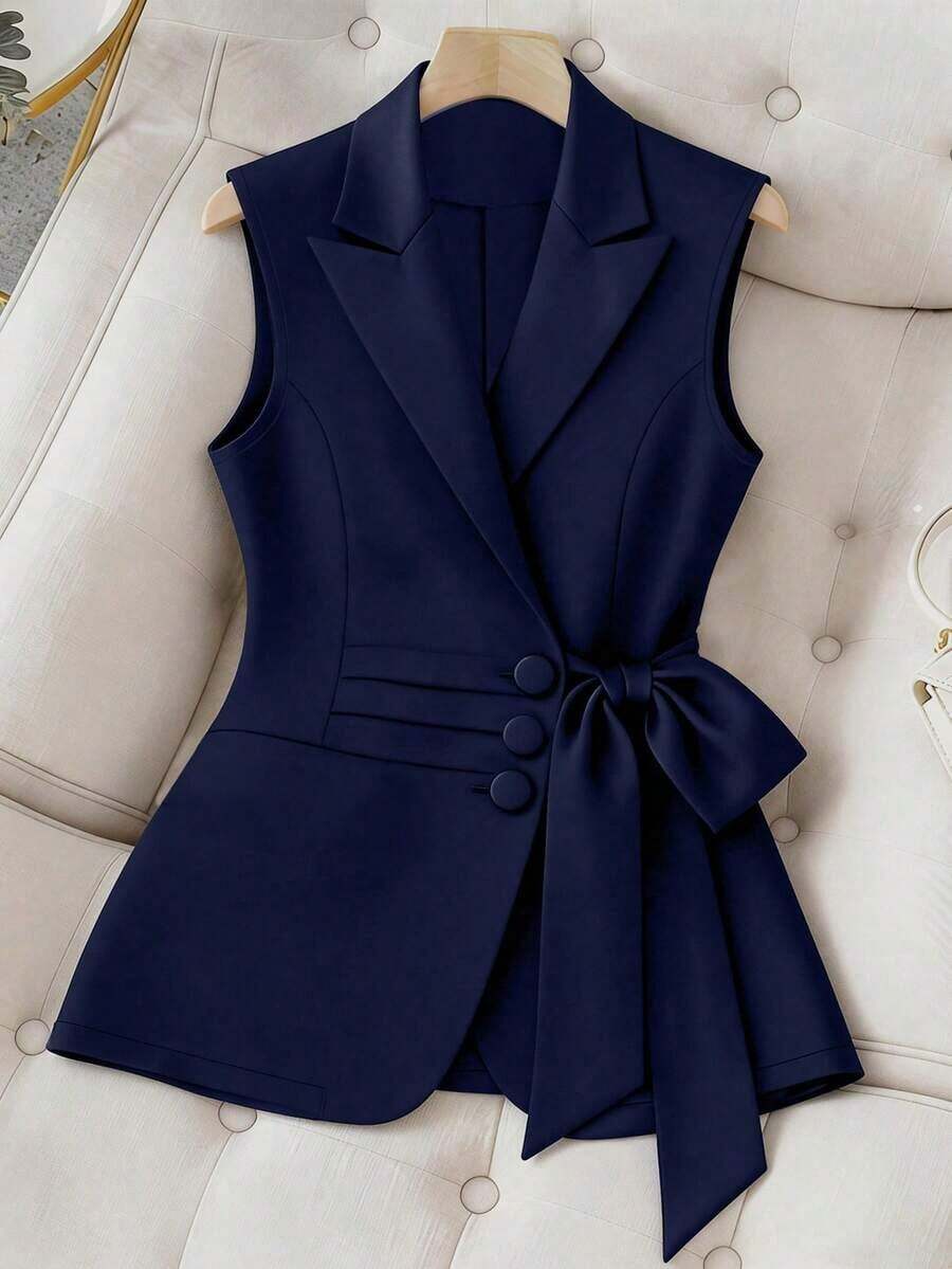 Chaleco sin mangas elegante con botones delanteros y lazo en talla grande de unicolor - Azul marino - Ver 1