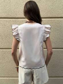 Clasi Blusa blanca elegante y casual con cuello en V, mangas con volantes, falso bordado y estampado floral, adecuada para primavera/verano - Albaricoque 3 - Ver 2