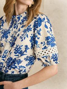 Blusa de mujer de manga corta con estampado floral hueco - Azul y blanco - Ver 6