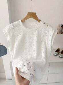 Camiseta de algodón casual de cuello redondo de doble capa con hombros anchos y sin mangas para mujeres, adecuada para uso casual diario, blanco para verano, parte superior de trabajo para verano - Blanco 2 - Ver 11