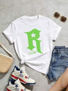 Camiseta de manga corta con cuello redondo suave y casual para mujer, con estampado gráfico de la letra R en forma de estrella, adecuada para uso diario en primavera y verano. Blanca. - Blanco - Ver 5